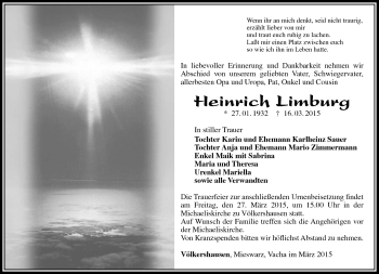 Traueranzeige von Heinrich Limburg von Südthüringer Presse