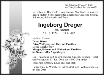 Traueranzeige von Ingeborg Dreger von Südthüringer Presse