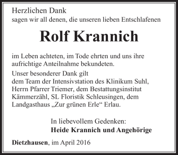 Traueranzeige von Rolf Krannich von Südthüringer Presse
