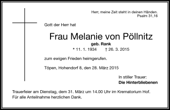 Traueranzeige von Melanie von Pöllnitz von Frankenpost