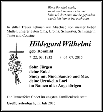Traueranzeige von Hildegard Wilhelmi von Südthüringer Presse