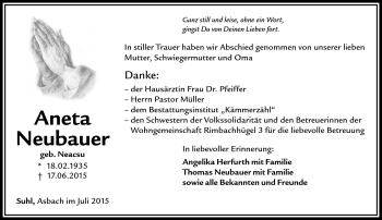 Traueranzeige von Aneta Neubauer von Südthüringer Presse