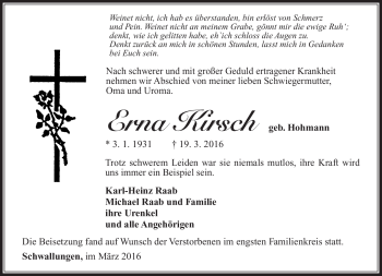 Traueranzeige von Erna Kirsch von Südthüringer Presse