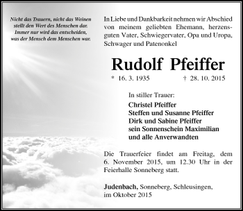 Traueranzeige von Rudolf Pfeiffer von Südthüringer Presse