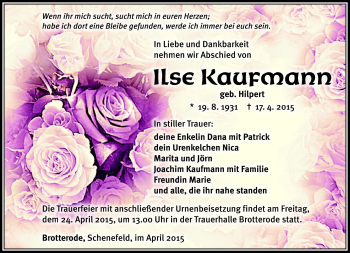 Traueranzeige von Ilse Kaufmann von Südthüringer Presse