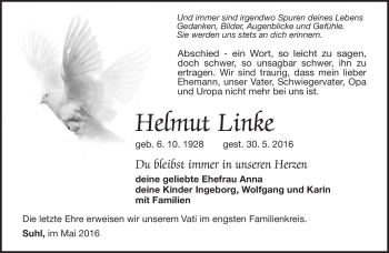 Traueranzeige von Helmut Linke von Südthüringer Presse