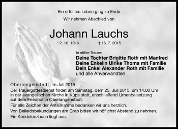 Traueranzeige von Johann Lauchs von Neue Presse Coburg