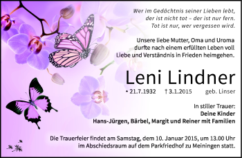 Traueranzeige von Leni Lindner von Südthüringer Presse