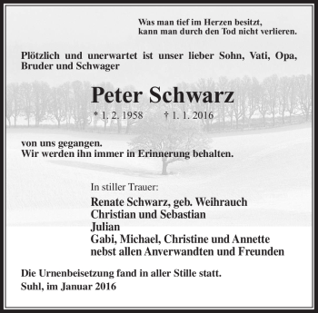 Traueranzeige von Peter Schwarz von Südthüringer Presse