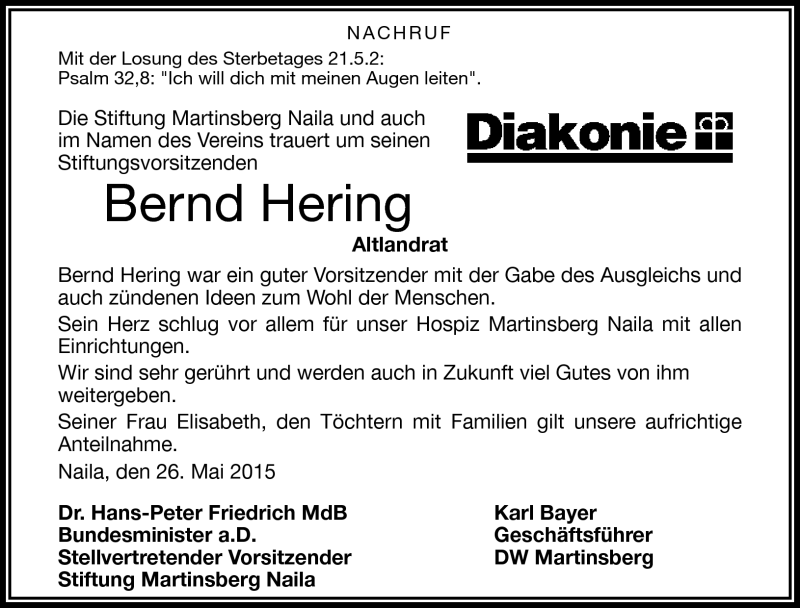  Traueranzeige für Bernd Hering vom 26.05.2015 aus Frankenpost