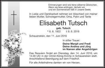 Traueranzeige von Elisabeth Tutsch von Frankenpost