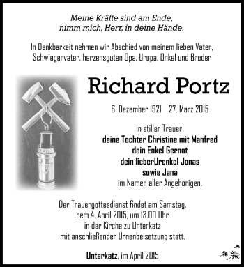 Traueranzeige von Richard Portz von Südthüringer Presse
