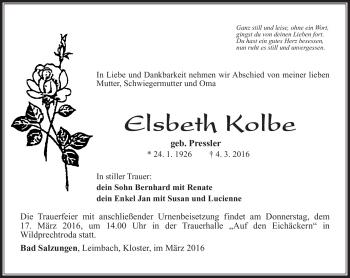 Traueranzeige von Elsbeth Kolbe von Südthüringer Presse