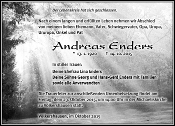 Traueranzeige von Andreas Enders von Südthüringer Presse