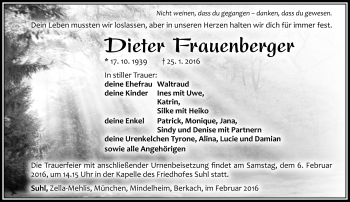 Traueranzeige von Dieter Frauenberger von Südthüringer Presse