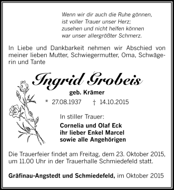 Traueranzeige von Ingrid Grobeis von Südthüringer Presse
