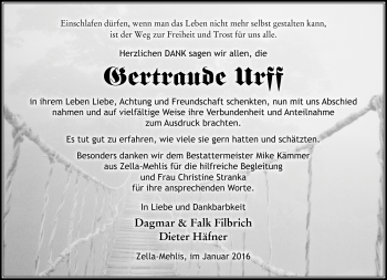 Traueranzeige von Gertraude Urff von Südthüringer Presse