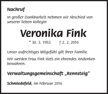 Traueranzeige von Veronika Fink von Südthüringer Presse