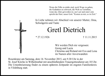 Traueranzeige von Gretl Dietrich von Neue Presse Coburg