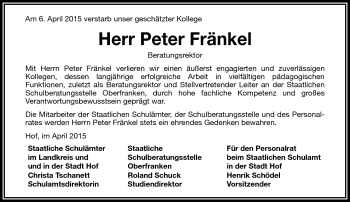 Traueranzeige von Peter Fränkel von Frankenpost