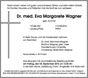 Traueranzeige von Eva Margarete Wagner von Frankenpost