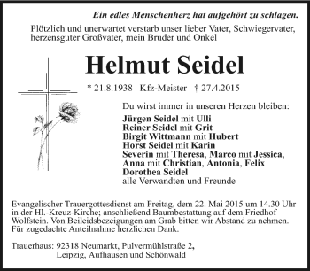 Traueranzeige von Helmut Seidel von Frankenpost