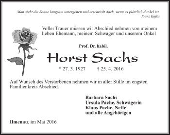 Traueranzeige von Horst Sachs von Südthüringer Presse