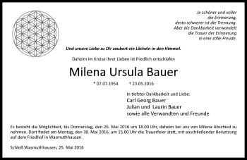 Traueranzeige von Milena Ursula Bauer von Neue Presse Coburg