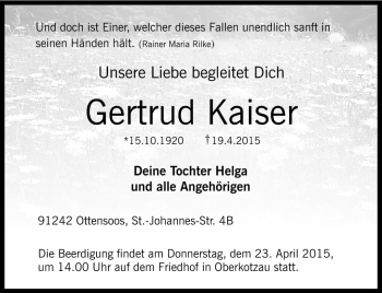 Traueranzeige von Kaiser Gertrud von Frankenpost