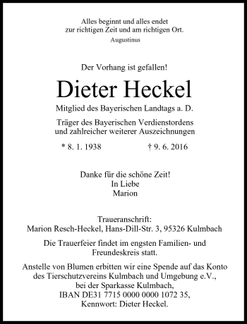 Traueranzeige von Dieter Heckel von Frankenpost