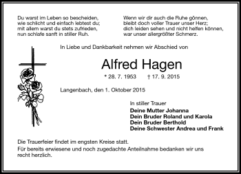 Traueranzeige von Alfred Hagen von Frankenpost