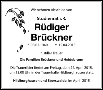 Traueranzeige von Rüdiger Brückner von Südthüringer Presse
