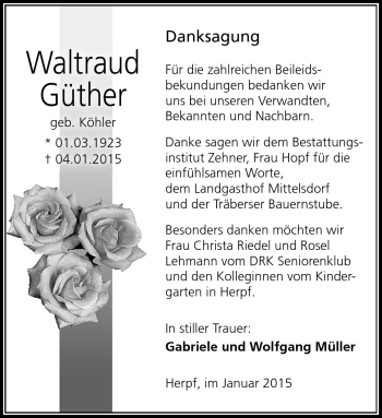 Traueranzeige von Waltraud Güther von Südthüringer Presse
