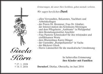Traueranzeige von Gisela Körn von Südthüringer Presse