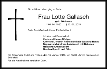 Traueranzeige von Lotte Gallasch von Frankenpost