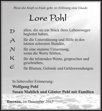 Traueranzeige von Lore Pohl von Südthüringer Presse
