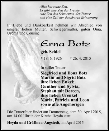 Traueranzeige von Erna Botz von Südthüringer Presse