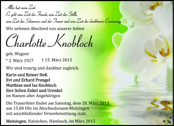 Traueranzeige von Charlotte Knobloch von Südthüringer Presse