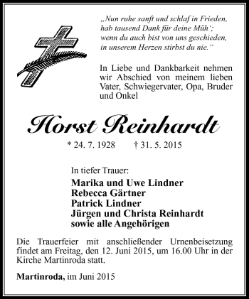Traueranzeige von Horst Reinhardt von Südthüringer Presse