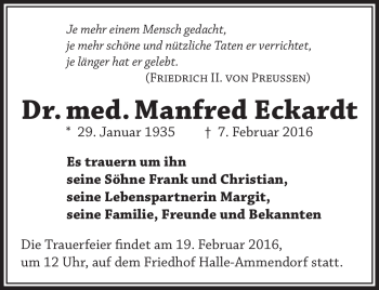 Traueranzeige von Manfred Eckardt von Südthüringer Presse