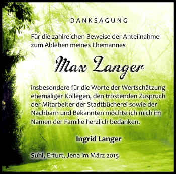 Traueranzeige von Max Vanger von Südthüringer Presse