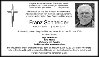 Traueranzeige von Franz Schneider von Frankenpost