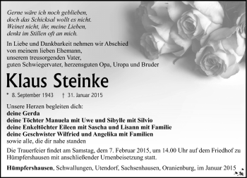 Traueranzeige von Klaus Steinke von Südthüringer Presse