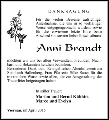 Traueranzeige von Anni Brandt von Südthüringer Presse