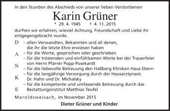 Traueranzeige von Karin Grüner von Neue Presse Coburg