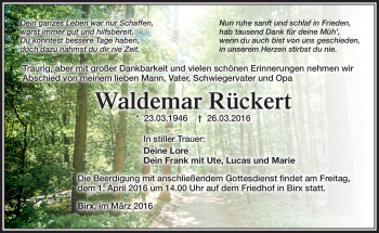 Traueranzeige von Waldemar Rückert von Südthüringer Presse