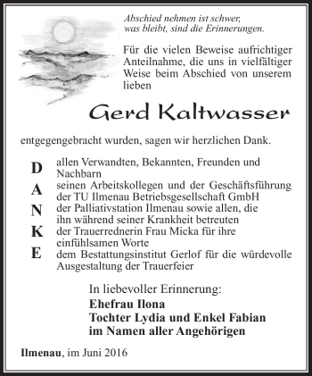 Traueranzeige von Gerd Kaltwasser von Südthüringer Presse