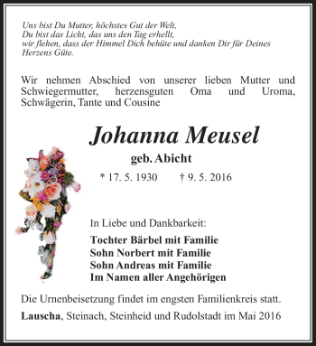 Traueranzeige von Johanna Meusel von Südthüringer Presse
