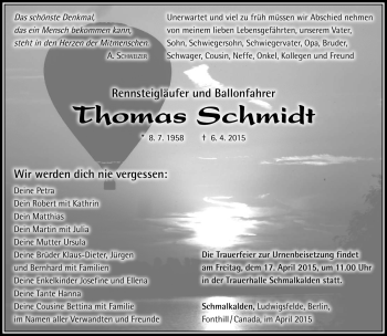 Traueranzeige von Thomas Schmidt von Südthüringer Presse