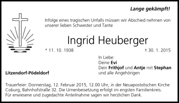 Traueranzeige von Ingrid Heuberger von Neue Presse Coburg